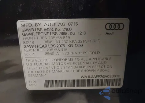 2016 Audi Q5 2.0T Premium из США, поврежденный, VIN WA1L2AFP7GA033612